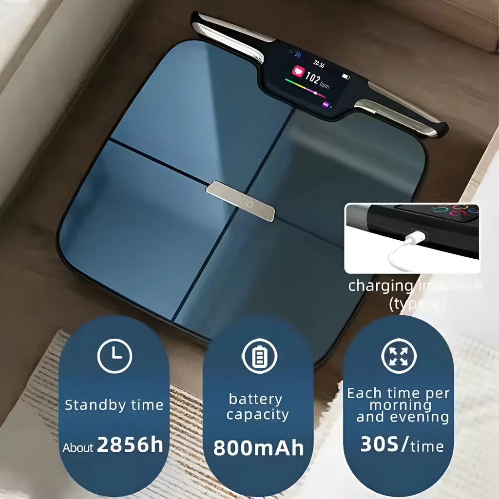 Black eight-electrode intelligent body fat scale on a hardwood floor.