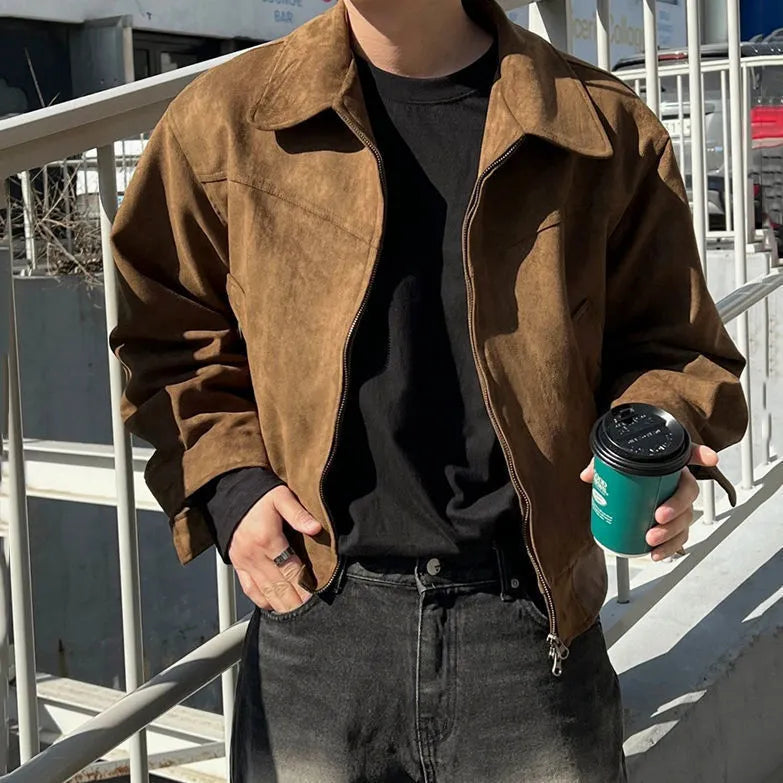 Loose fit Hong Kong style short jacket in brown suede fabric with lapel collar, front view