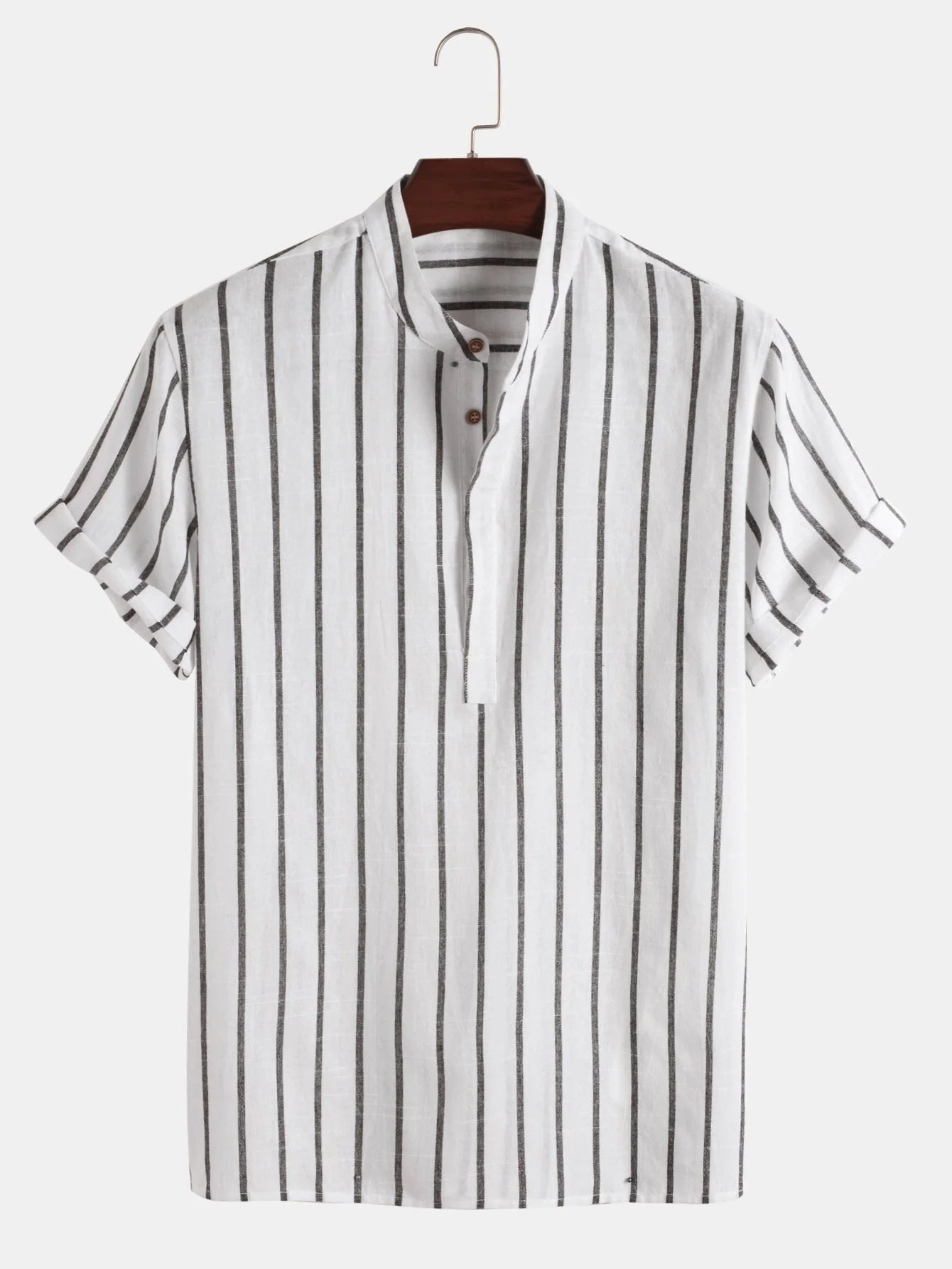 Men's striped casual short sleeve shirt in 100% cotton, available in white, red, gray, and blue.