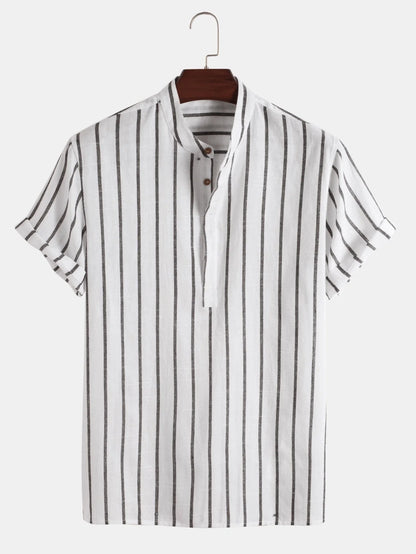 Men's striped casual short sleeve shirt in 100% cotton, available in white, red, gray, and blue.