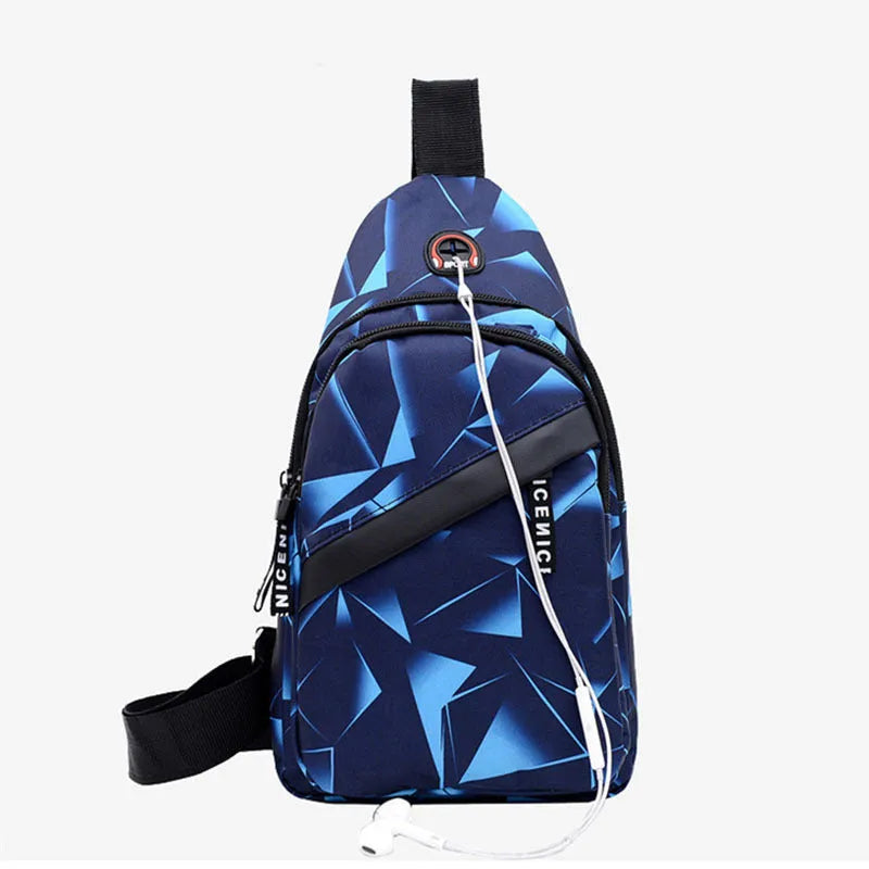 A blue print sling chest bag for men with an earphone hole, shown in a square vertical crossbody style.