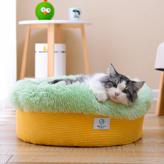 Plush pet bed in yellow pineapple design with soft, supportive cushion for comfortable deep sleep