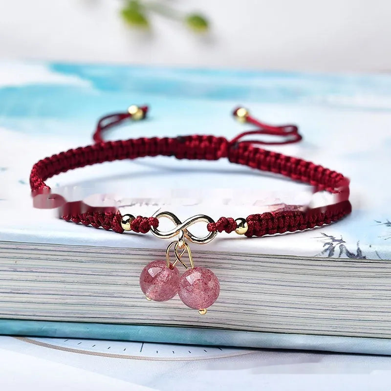 Natural strawberry quartz cherry bracelet for women with crystal beads and adjustable closure