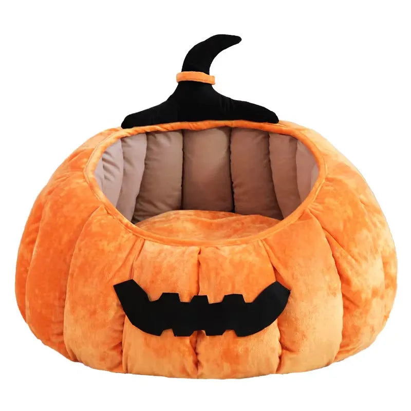 Halloween pumpkin cat bed with cartoon devil design in plush fabric for cats and small dogs