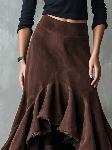 Brown women's maxi skirt with asymmetric high-low hem and western ruffle detailing