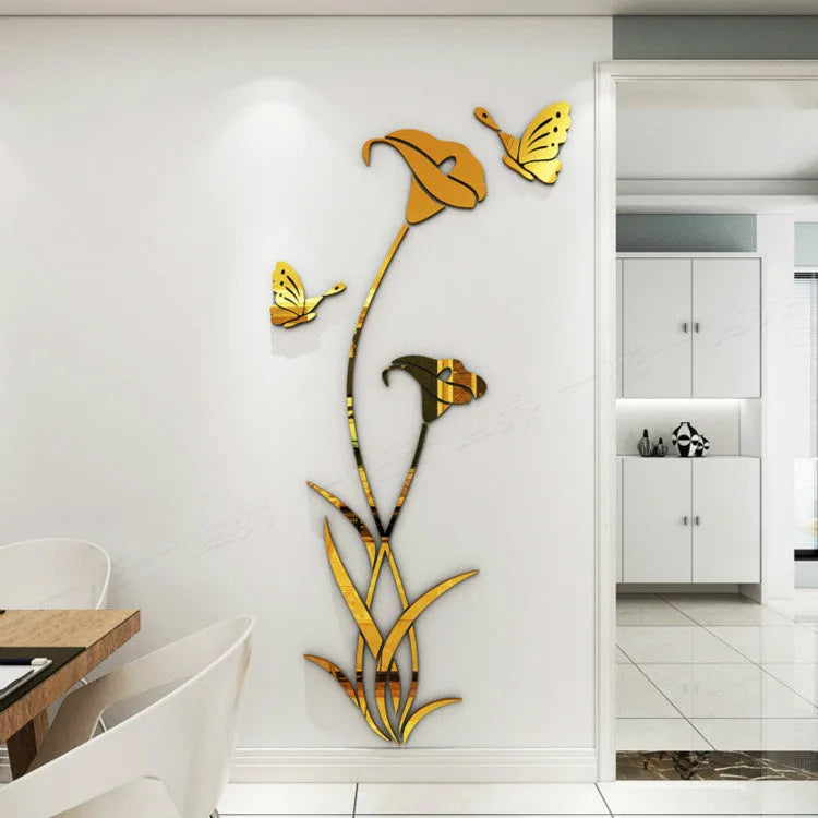 3D acrylic lily wall sticker in pink colour showing dimensional petals and stem design