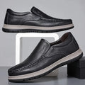 Men's casual waterproof lightweight leather shoes black low top round toe pu upper sewing line detail