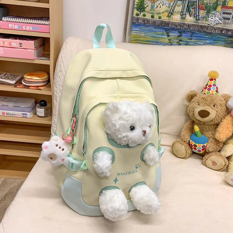 Cute bear-themed nylon school backpack with curved shoulder straps in macaron colour options.