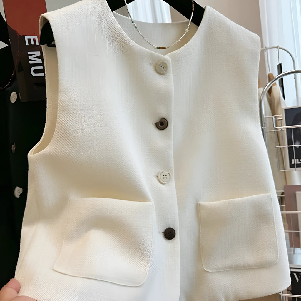 Women's French-style polyester bandage vest dress in milky white colour with round neck and sleeveless design