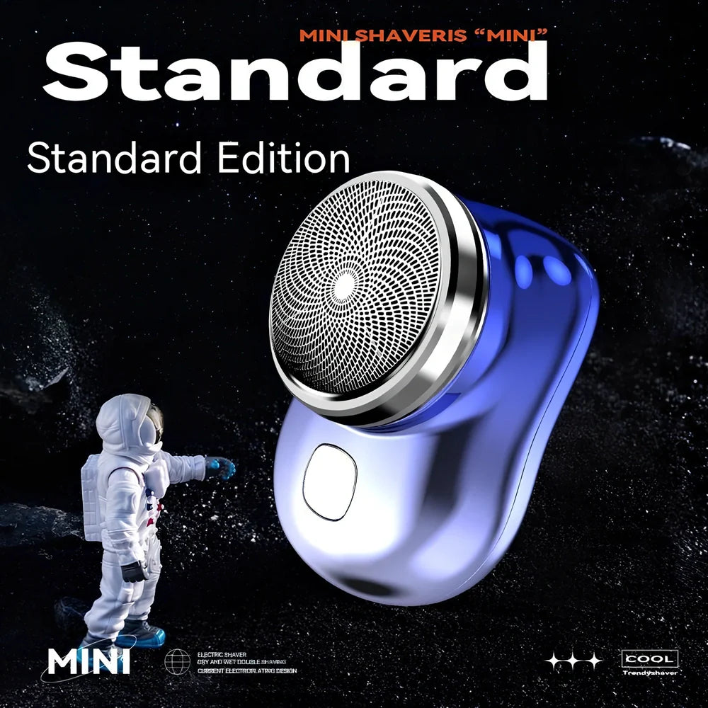 Compact electric mini shaver in cool silver with floating cutter head, 65.8 x 46 x 42mm size, rechargeable for 60+ minutes use