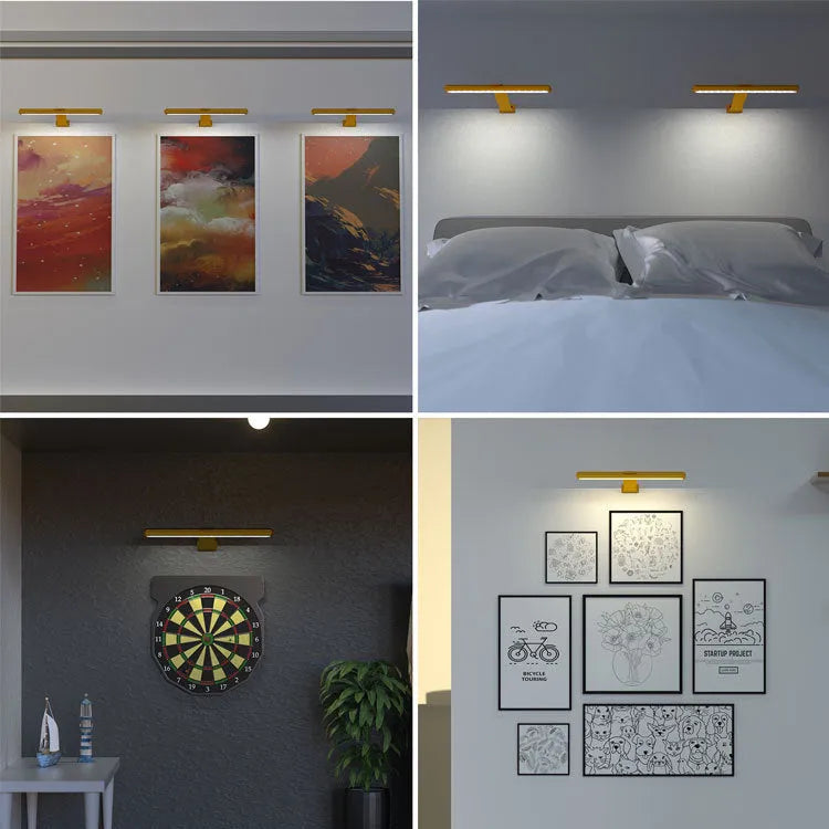 Rechargeable oval LED oil painting lamp in gold finish, 425mm long, with magnetic mount and remote control