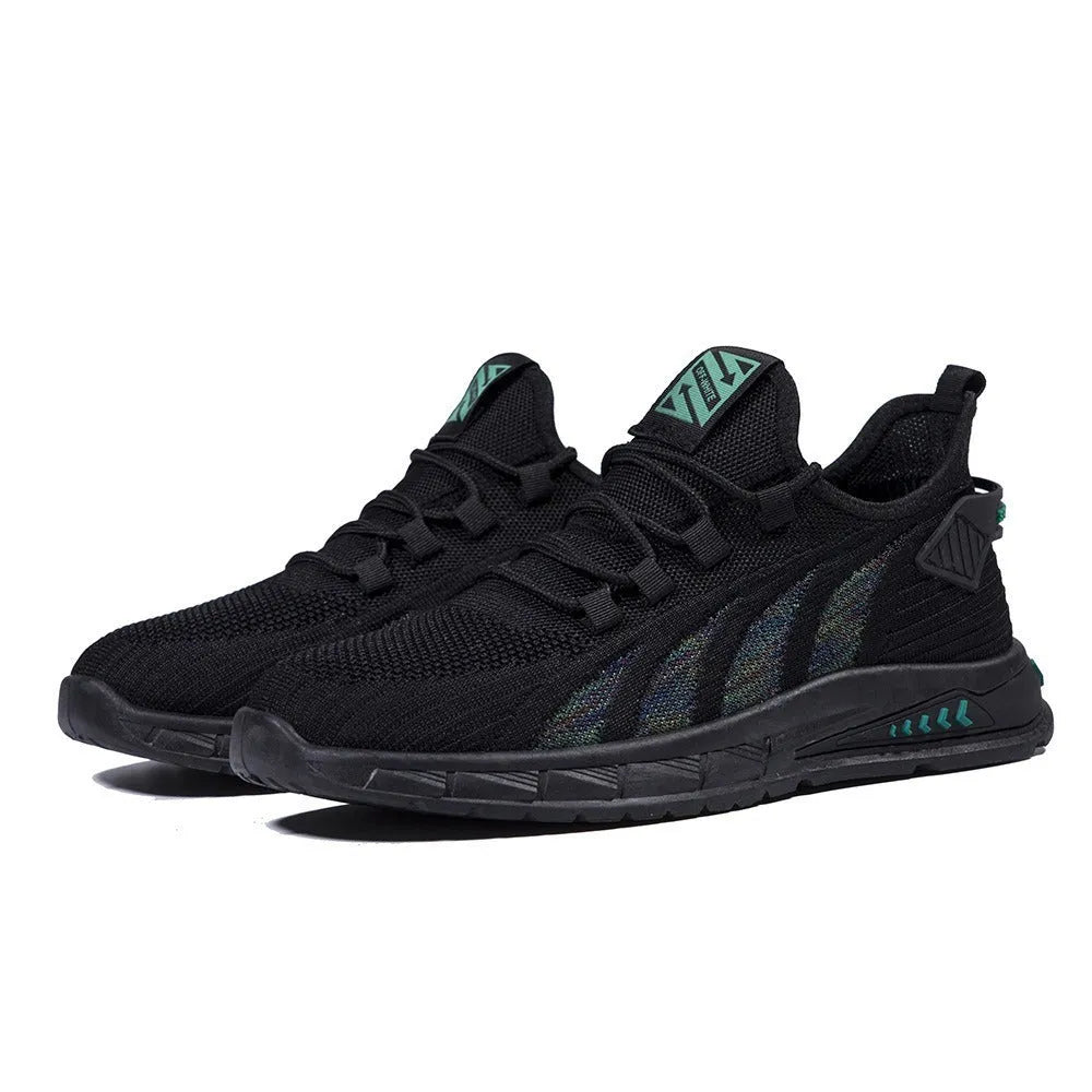 Men's low-top mesh sneakers in black, gray and beige colours with flat plastic sole