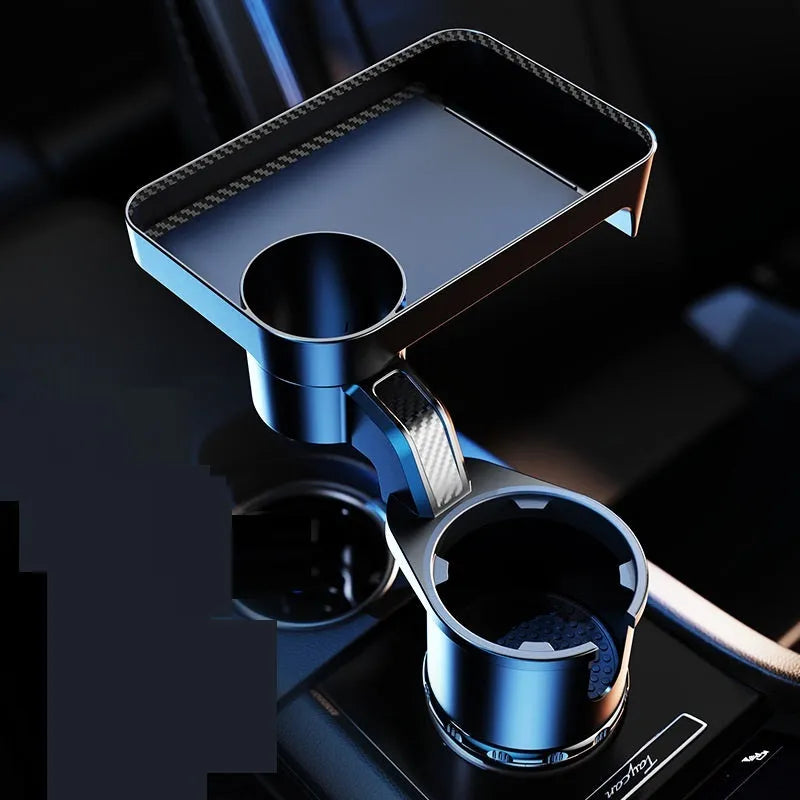 Black ABS car-mounted rotating dinner tray holder with cup and plate storage compartments