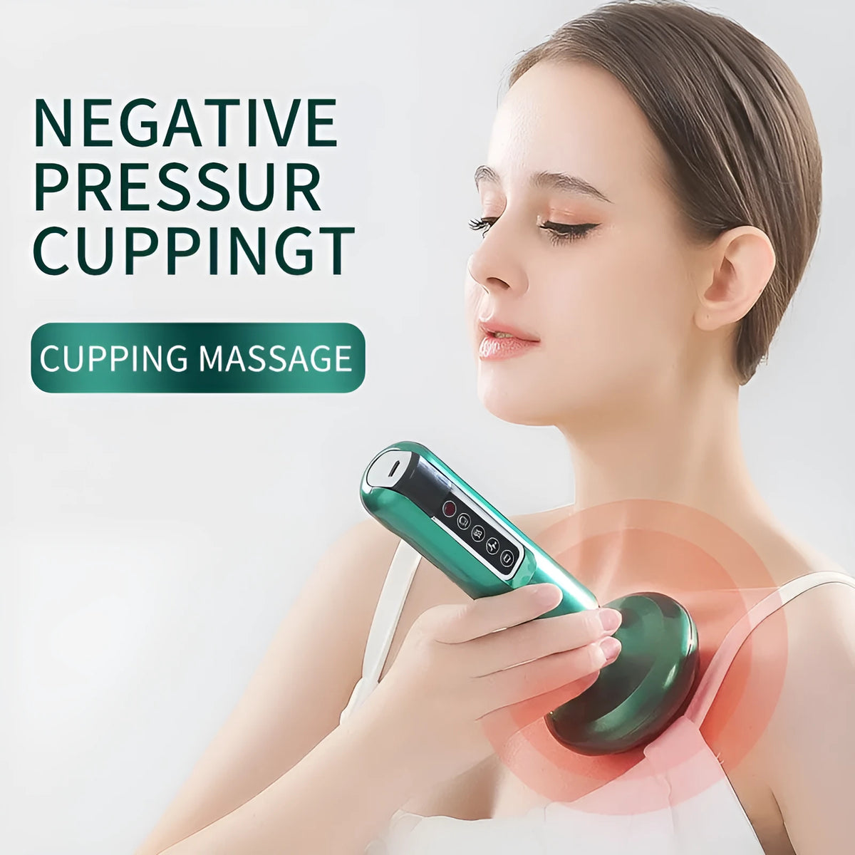 Electric vacuum cupping massager in green with USB charger, suction head, and hip firming liquid