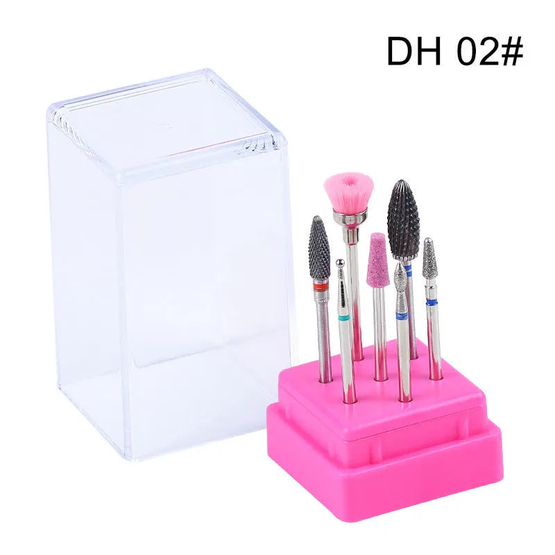 Tungsten steel nail drill bit set with six bits and one brush in a transparent case.