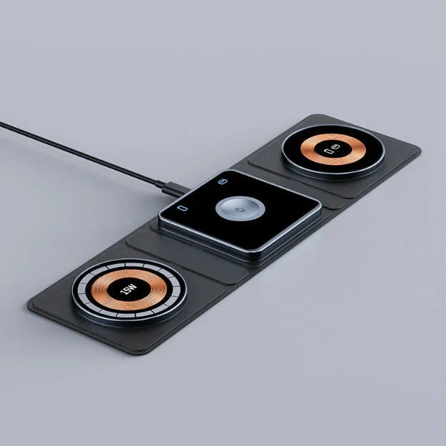 3-in-1 magnetic wireless charging station for iPhone, Apple Watch, and AirPods with folding design and fast charging capabilities