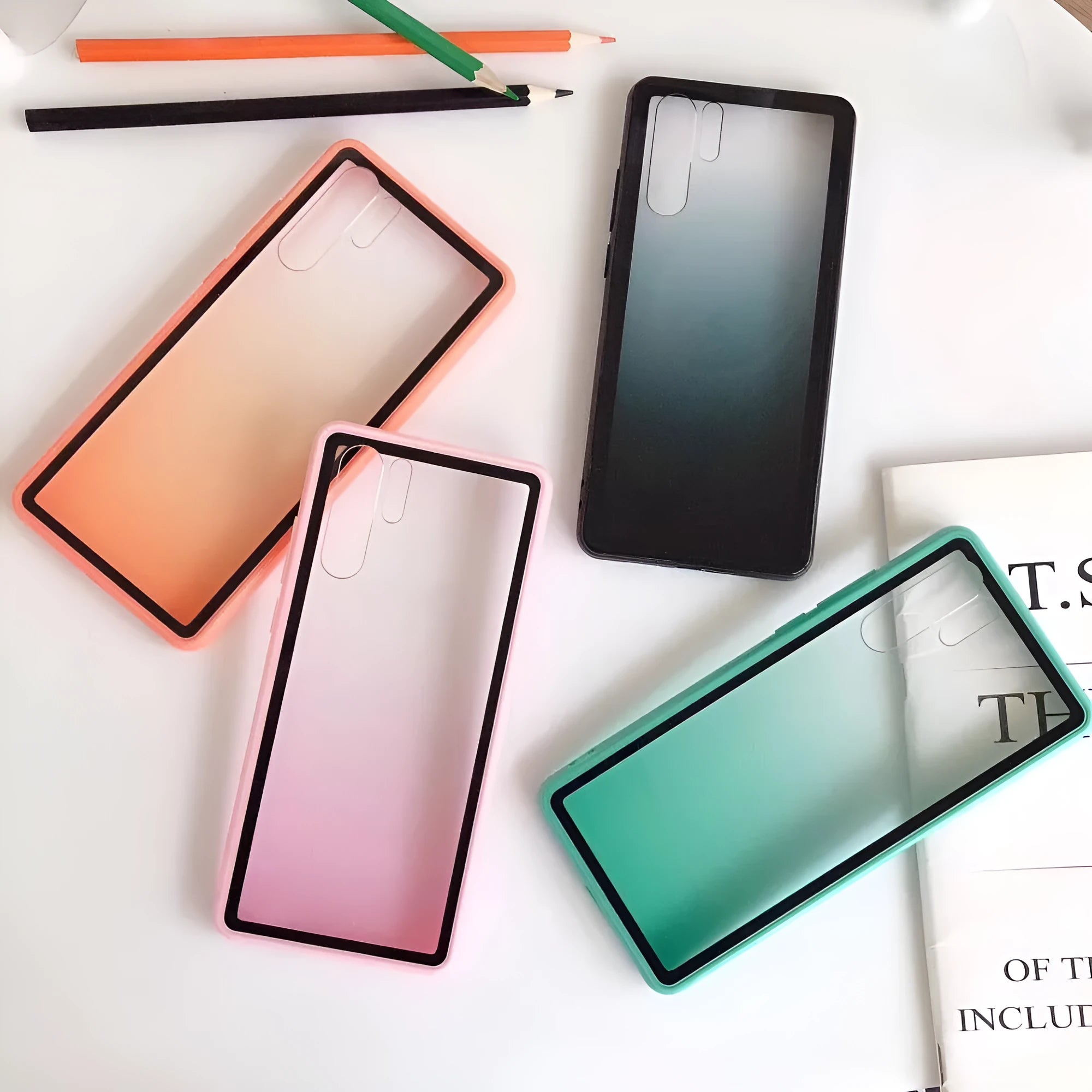 Rainbow gradient Huawei smartphone case showing TPU bumper and polycarbonate backplate