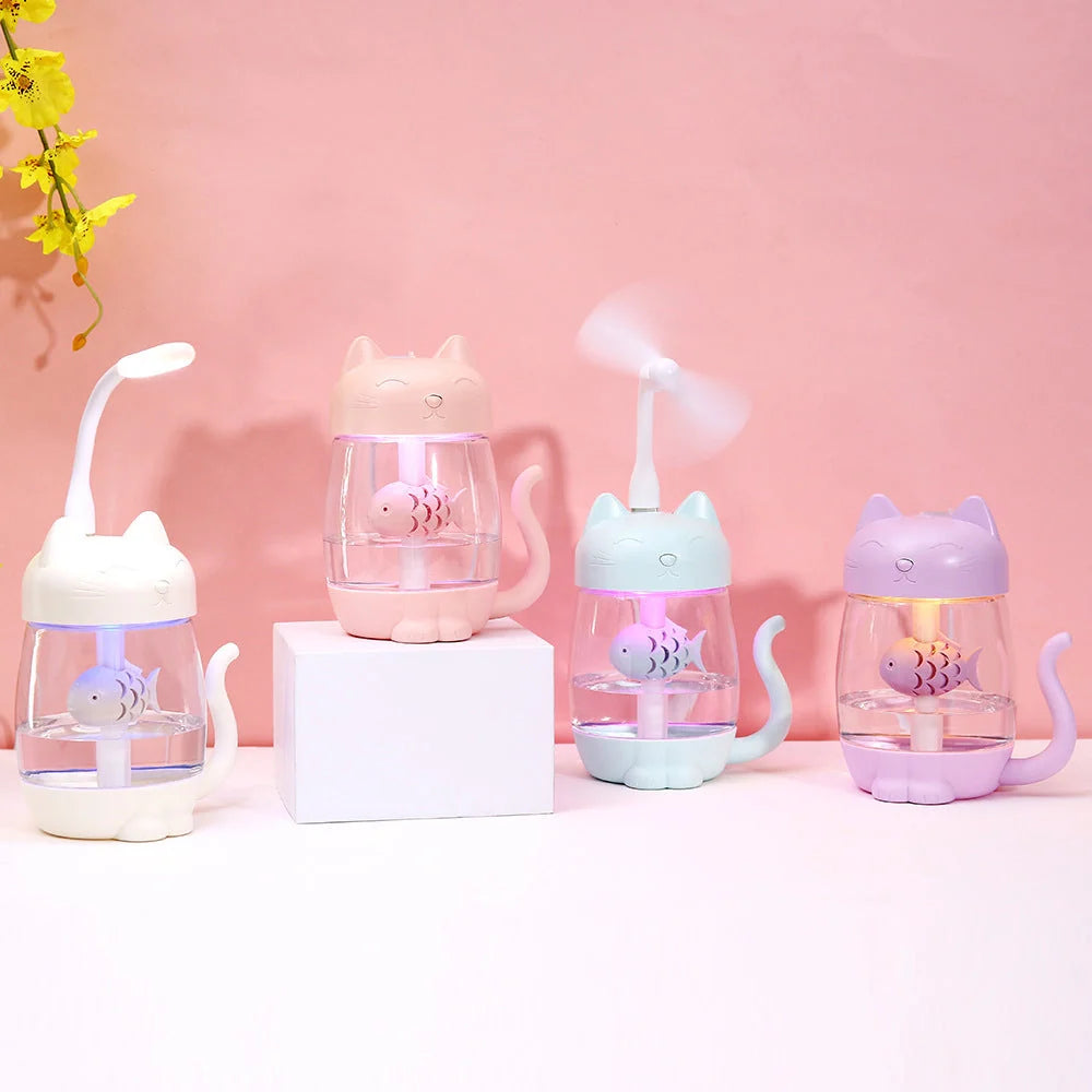 Cat-shaped USB desktop humidifier in four colours: girl powder, dream purple, princess white, sky blue