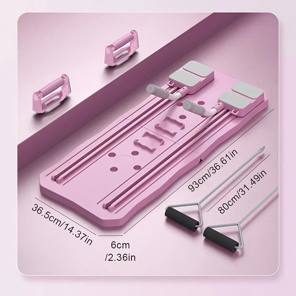 Pink portable ABS supine board for core training on a floor.