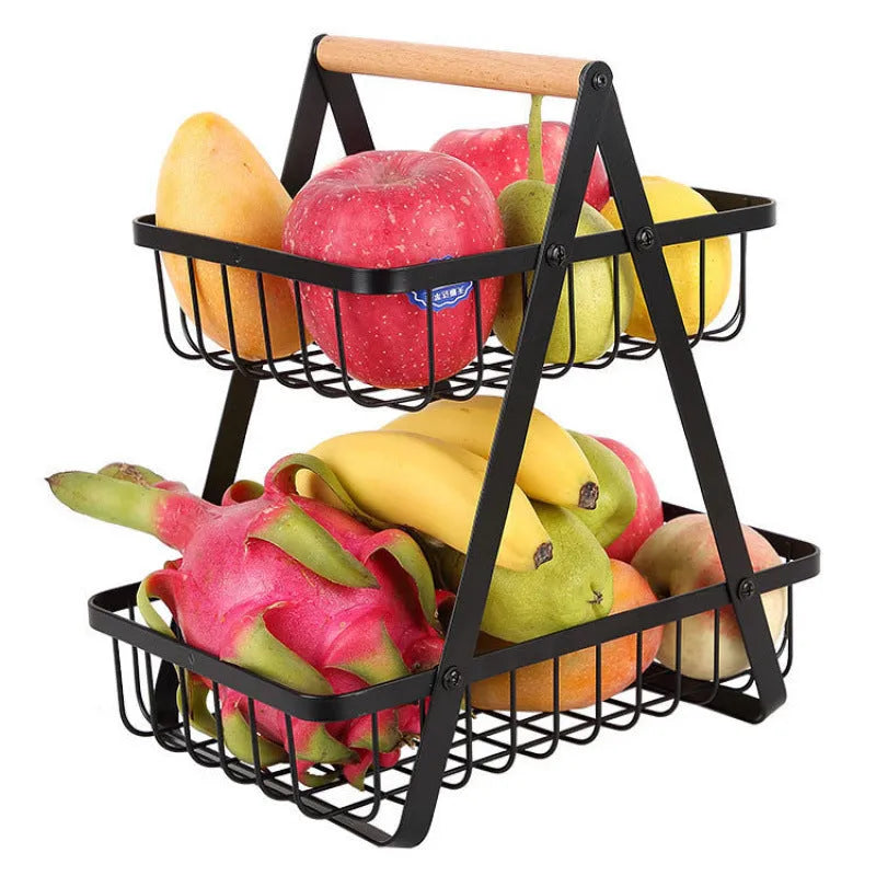 Black iron double-layer fruit basket with a wooden handle, shown with layers detached