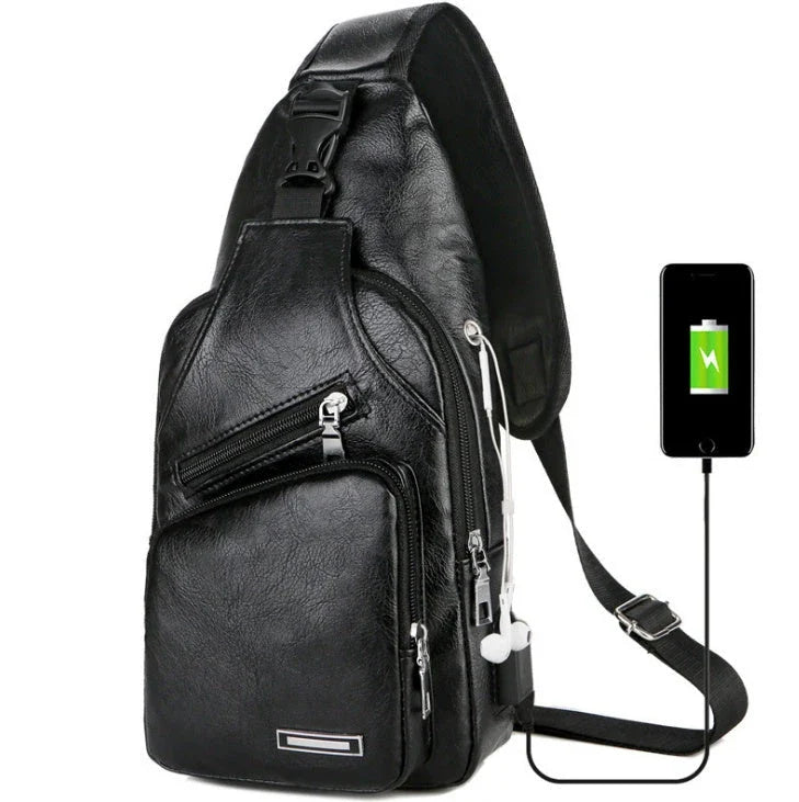 USB portable charging chest bag with headphone jack in various colors
