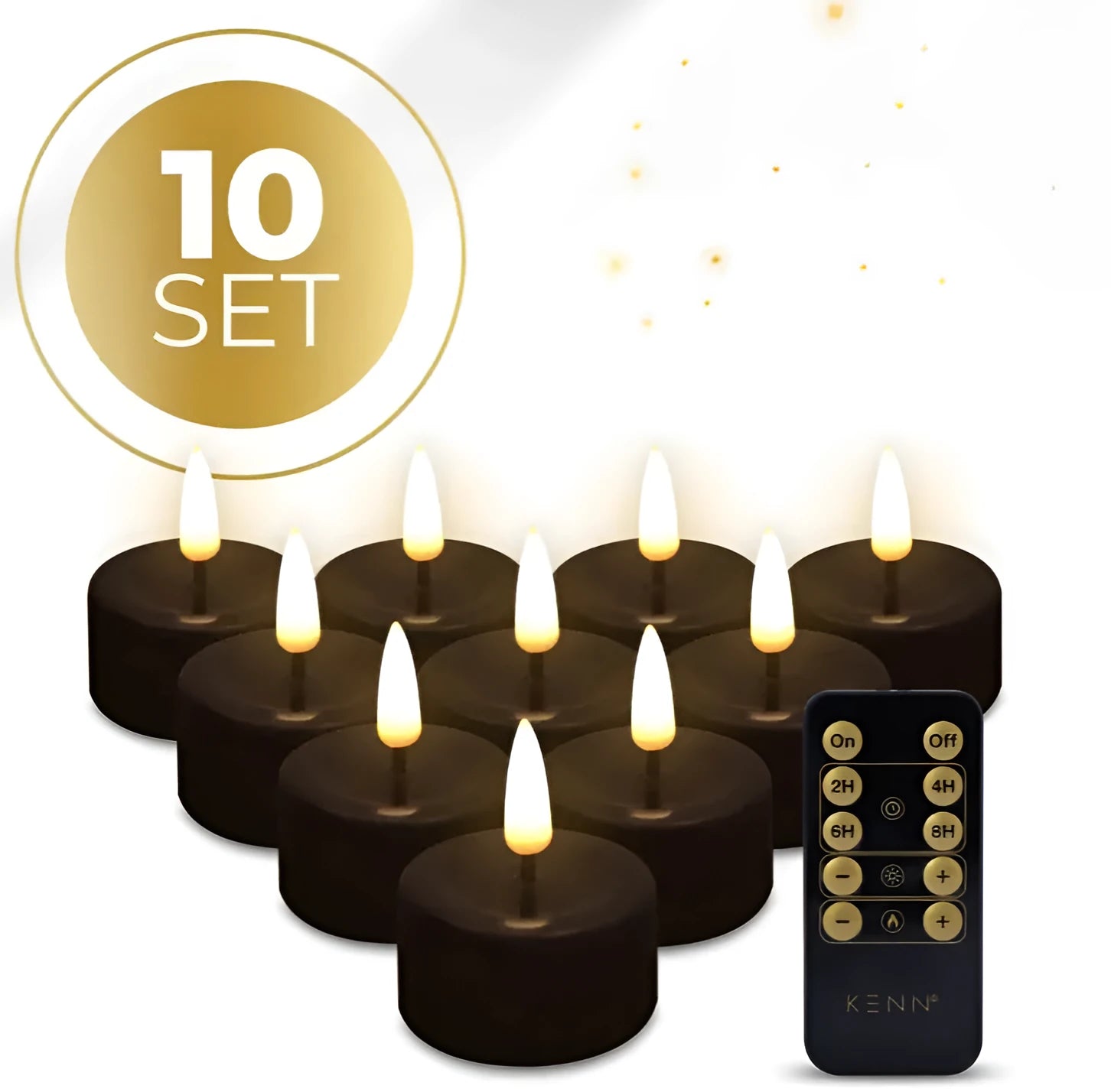 Four black S10 LED flameless tealight candles showing warm white glow.