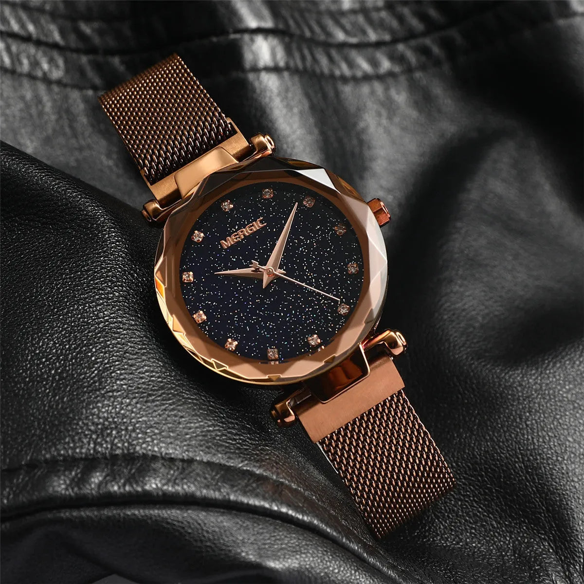 Milan mesh strap starry sky rhinestone quartz watch 34mm women with magnetic clasp and mineral glass mirror