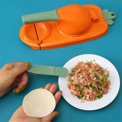 A versatile 2-in-1 kitchen tool for easily pressing dough and forming perfect dumplings, made of durable, food-grade plastic with an ergonomic handle and hanging hole for convenient storage.