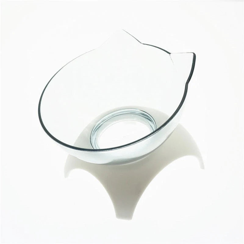 Cat Double Bowl with 15° tilt design for cervical support, transparent cat head and ears, food-grade plastic
