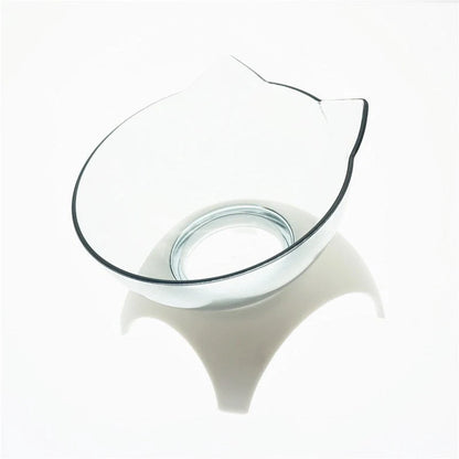 Cat Double Bowl with 15° tilt design for cervical support, transparent cat head and ears, food-grade plastic