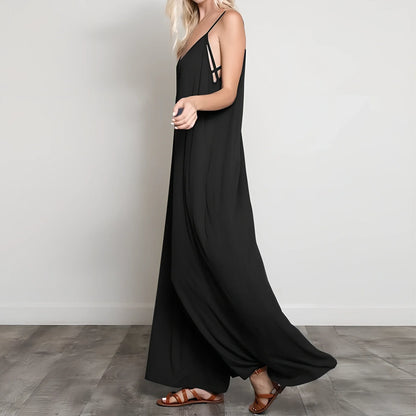 Women's black V-neck long jumpsuit with wide legs, loose fit up to 5XL, 160cm length for summer casual wear
