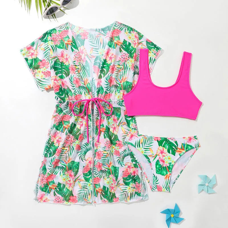 Girls' two-piece swimsuit with Korean floral pattern in polyester fabric
