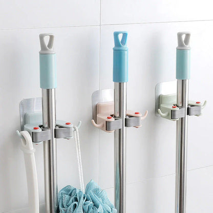 Adhesive Wall-Mounted Mop and Broom Holder with Double-Hook Design for Organizing Cleaning Tools