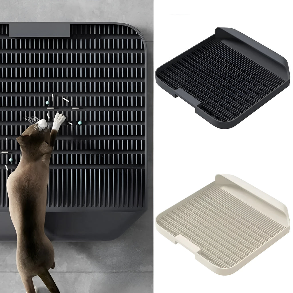 Large black cat litter pedal mat with slanted mouth design and textured surface