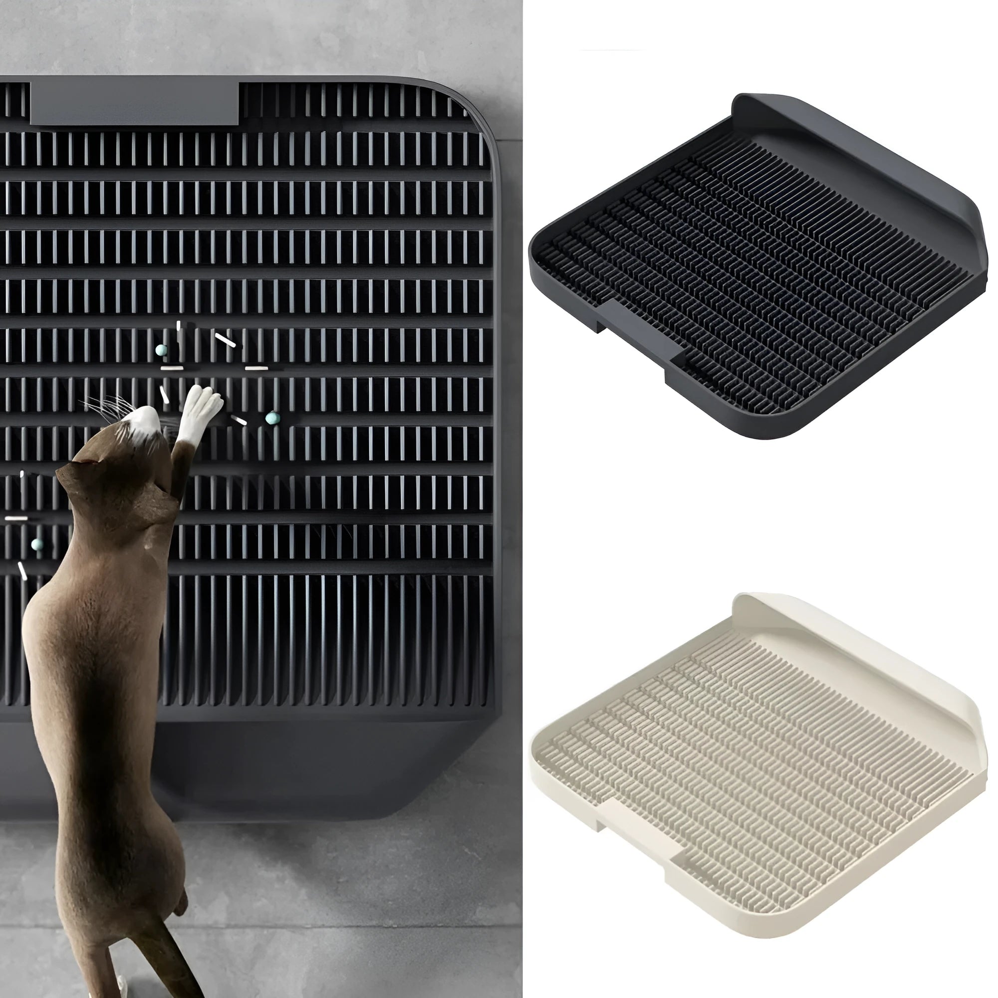 Large black cat litter pedal mat with slanted mouth design and textured surface