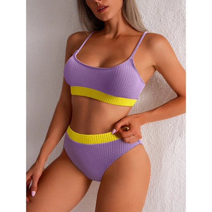 Women's high waist bikini set with push-up support and ribbed design in various colours