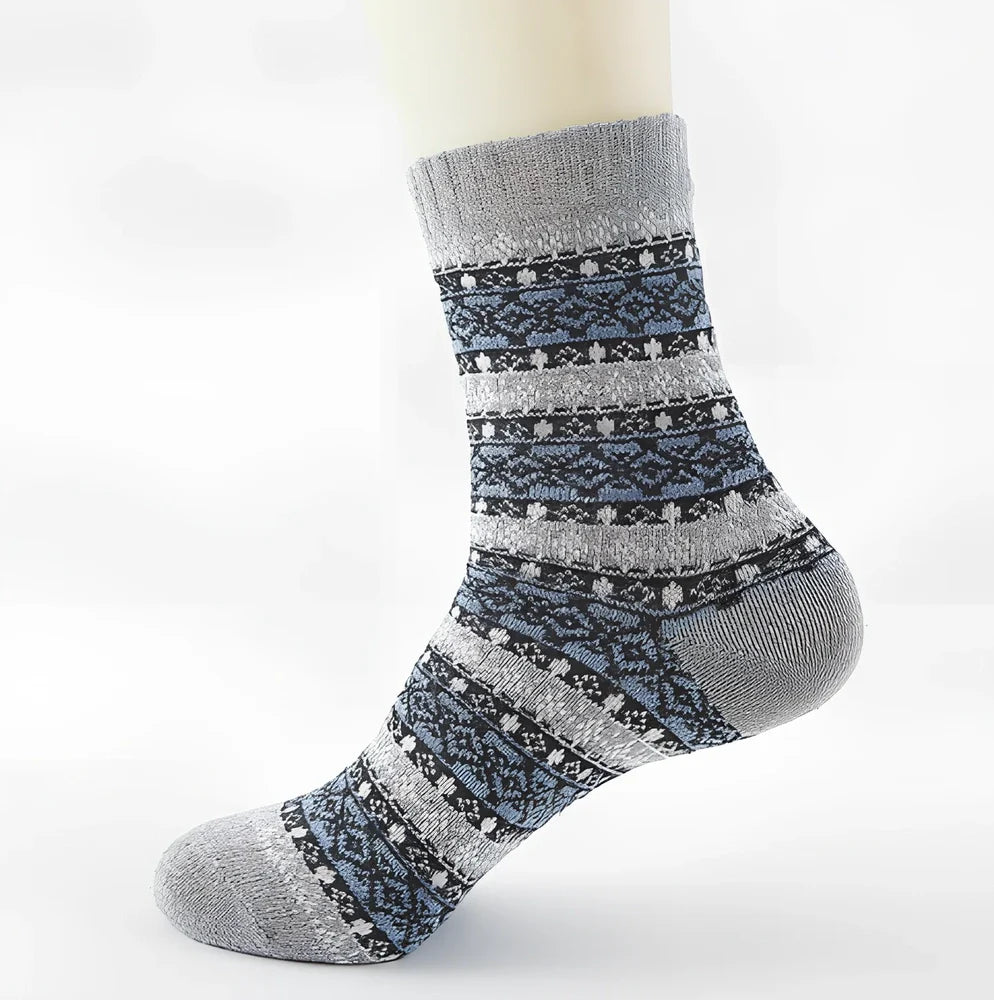 Pack of 5 thick stripe wool blend socks in various colours, featuring 15% rabbit hair for winter warmth, fitting sizes 39-42