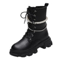 Women's black matte leather platform ankle boots with pearl chain detail and 6cm heel