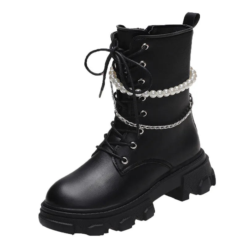 Women's black matte leather platform ankle boots with pearl chain detail and 6cm heel