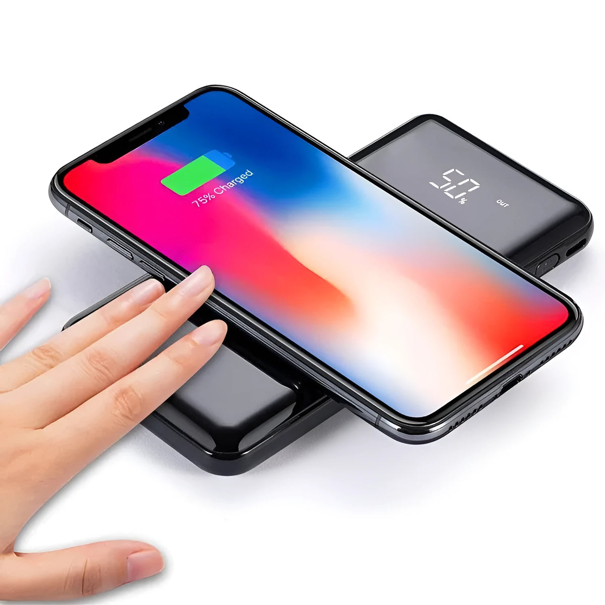 Multifunctional mirror wireless charger with silver mirror finish and built-in lithium battery on a wooden desk.