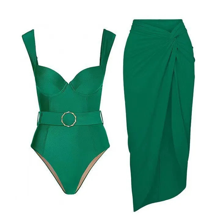 Women's one-piece swimsuit with gauze skirt in either double shoulder or oblique shoulder style options