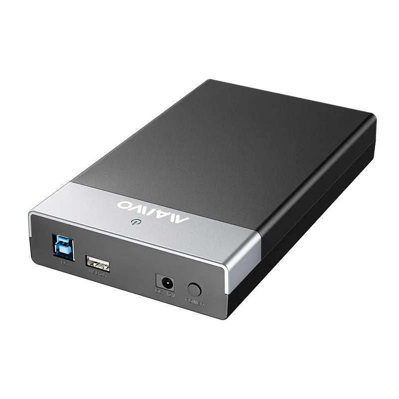 3.5 inch SATA hard disk enclosure with USB 3.0 port, sliding cover, and included power supply and cable.