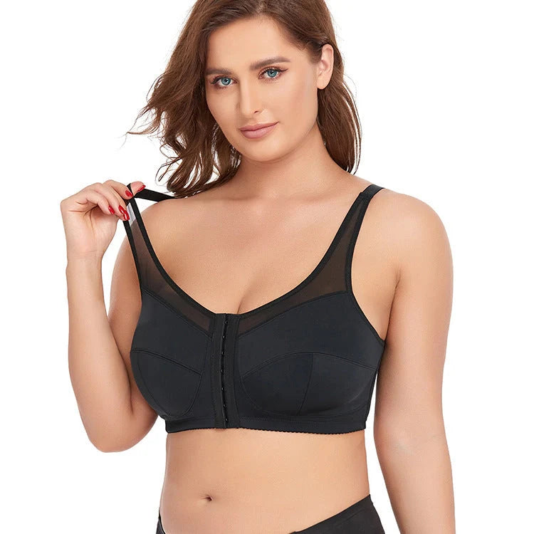 Wireless Lace Big Cup Front Row Buttons Thin Sports Bra in black and skin color