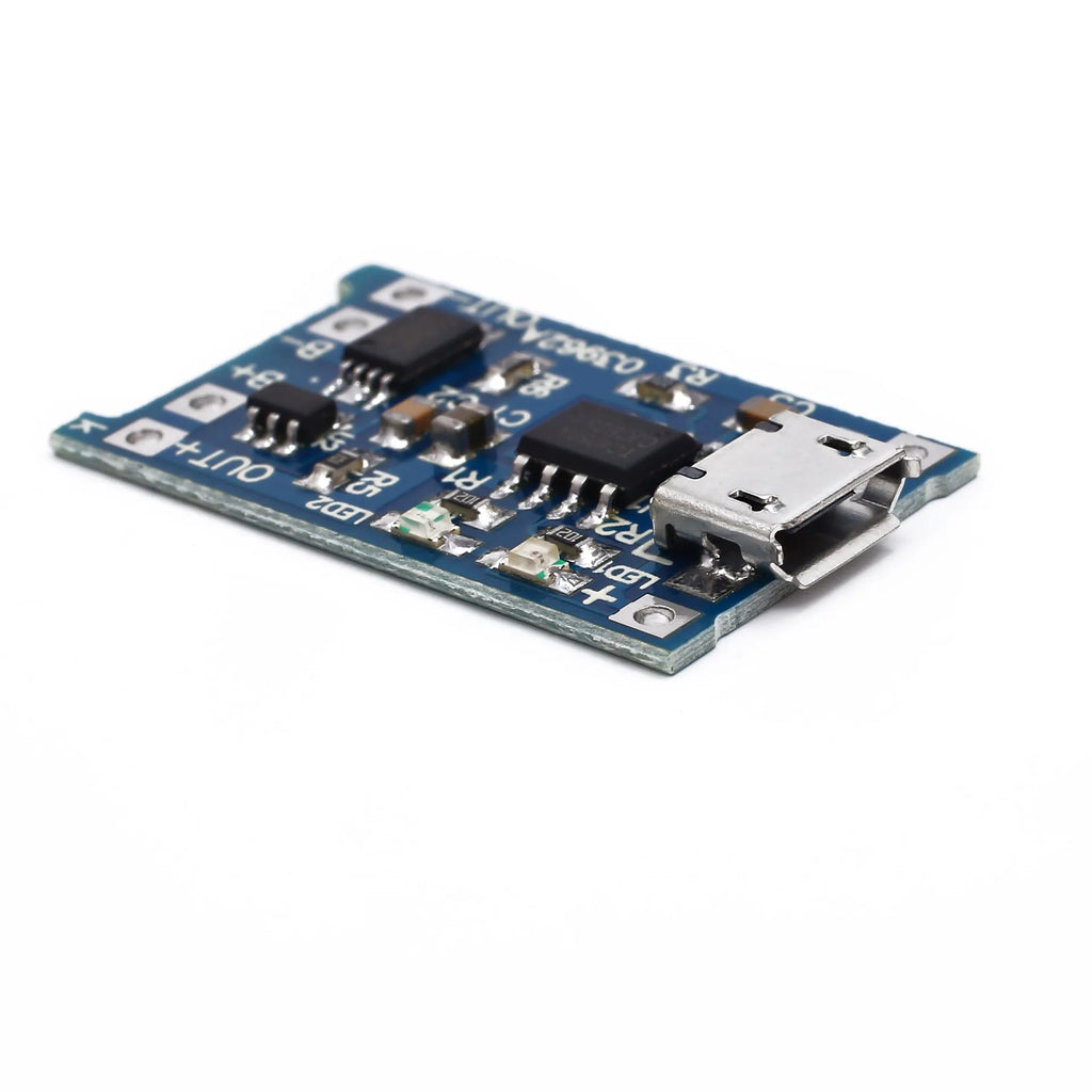 Blue lithium battery charging and protection integrated circuit board measuring 26 by 17 millimetres.