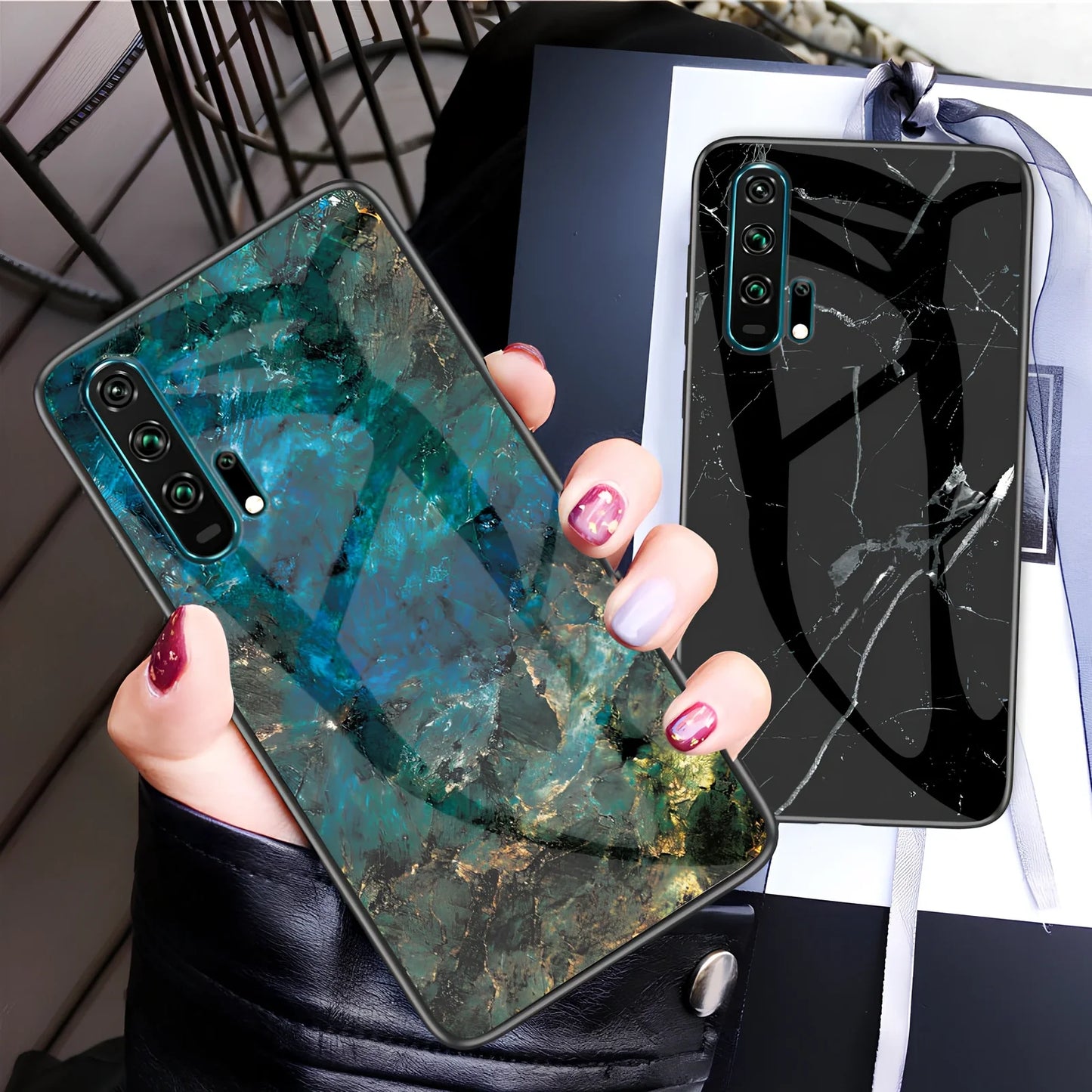 Black marble anti-fall phone case for Honor 20 with tempered glass back and silicone edges, showing grip texture and colour options