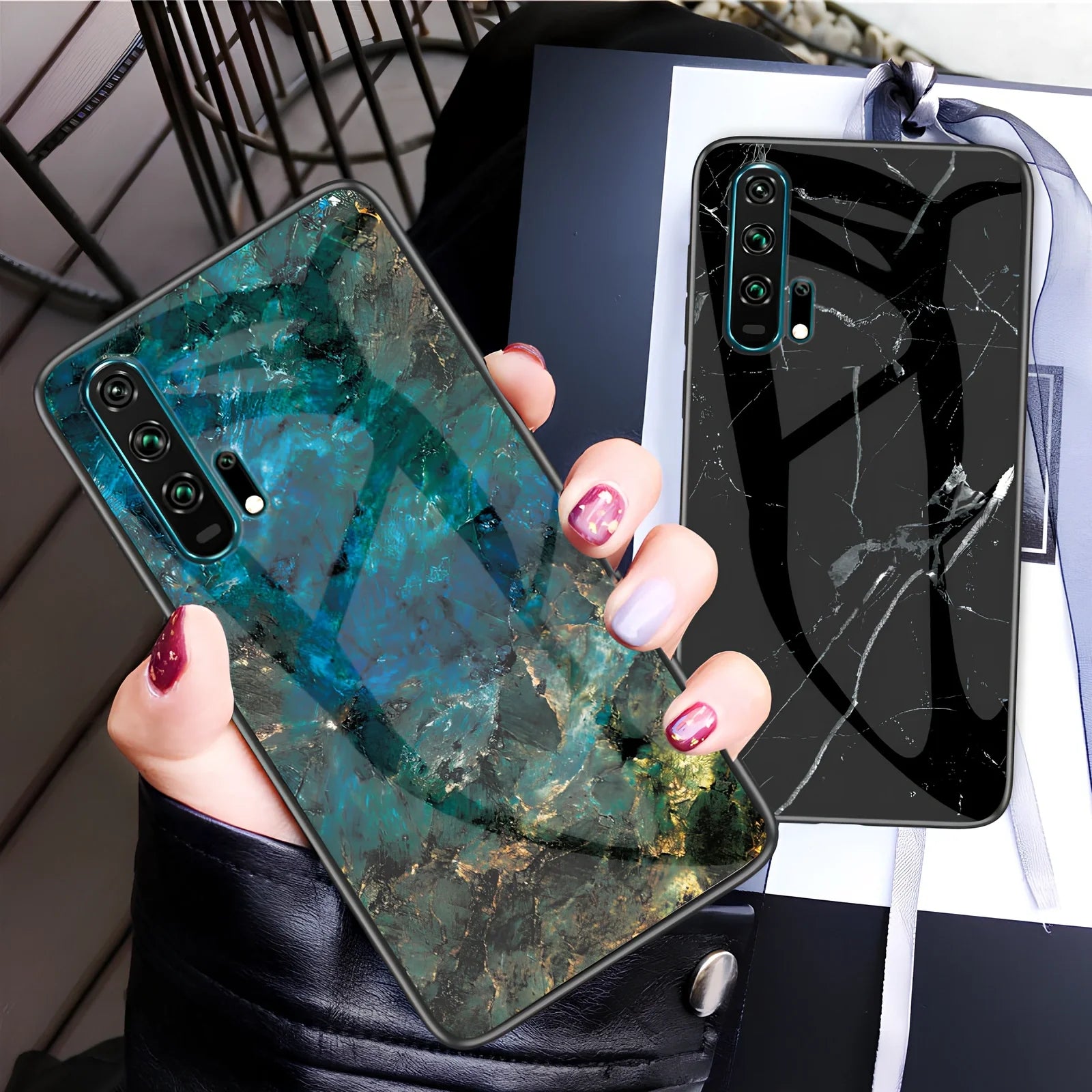 Black marble anti-fall phone case for Honor 20 with tempered glass back and silicone edges, showing grip texture and colour options