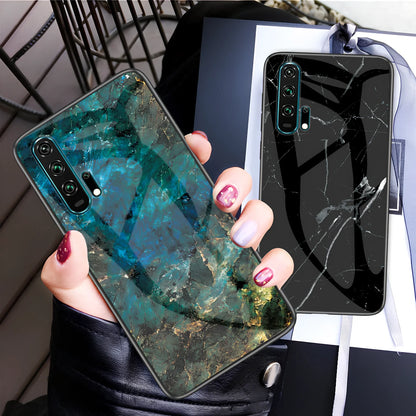 Black marble anti-fall phone case for Honor 20 with tempered glass back and silicone edges, showing grip texture and colour options