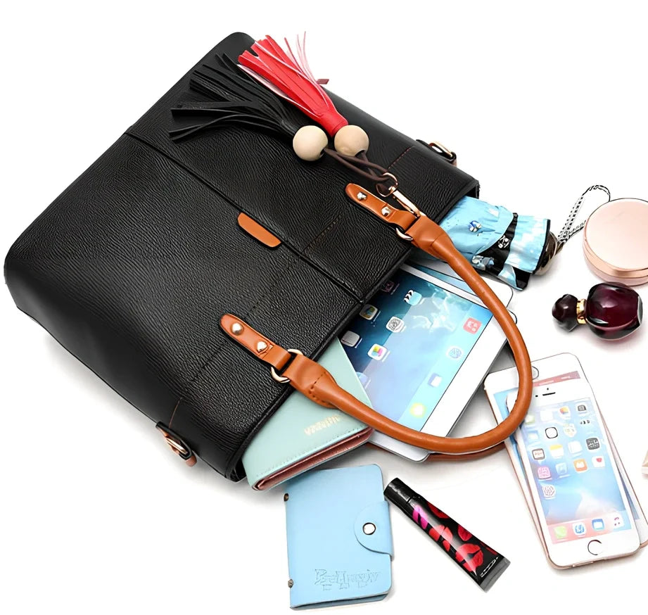 Women's black PU slung shoulder bag, 25cm height, adjustable strap for diagonal carry with phone and wallet inside