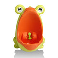 Frog-shaped baby potty toilet in yellow orange with rotating windmill and sucker base