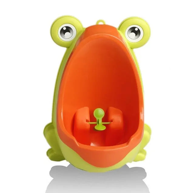 Frog-shaped baby potty toilet in yellow orange with rotating windmill and sucker base